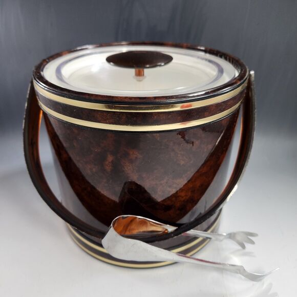 Georges Briard Ice Bucket Lucite Handle Tongs Gold Trim Faux Tortoise Shell MCM - Picture 1 of 10